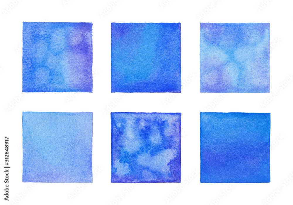 Fototapeta premium Blue and purple textured hand-painted watercolor square set