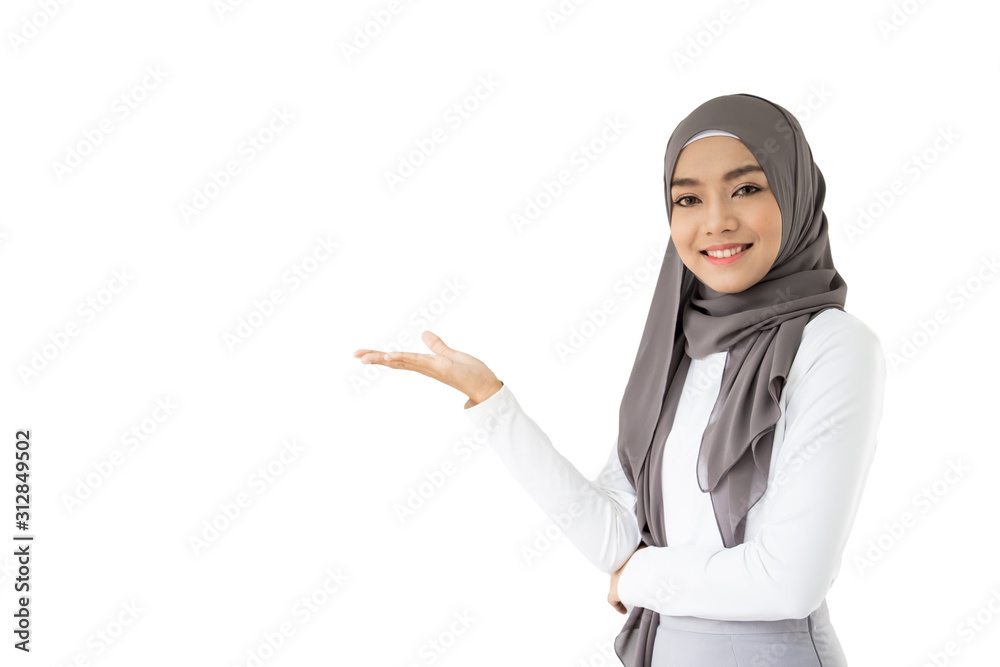 Portrait of beautiful Asian muslim student holding a book and pencile, Muslim student thinking. Isolated on white background. Portrait of beautiful Asian muslim student holding a book and pencile, Muslim student thinking. Isolated on white background.