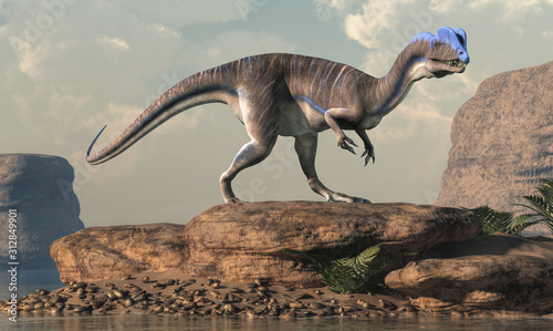 Fototapeta Naklejka Na Ścianę i Meble -  Dilophosaurus was a theropod dinosaur of the early Jurassic period in North America. A predator, it's named for the two crests on its head. Depicted near an arid lake. 3D Rendering 