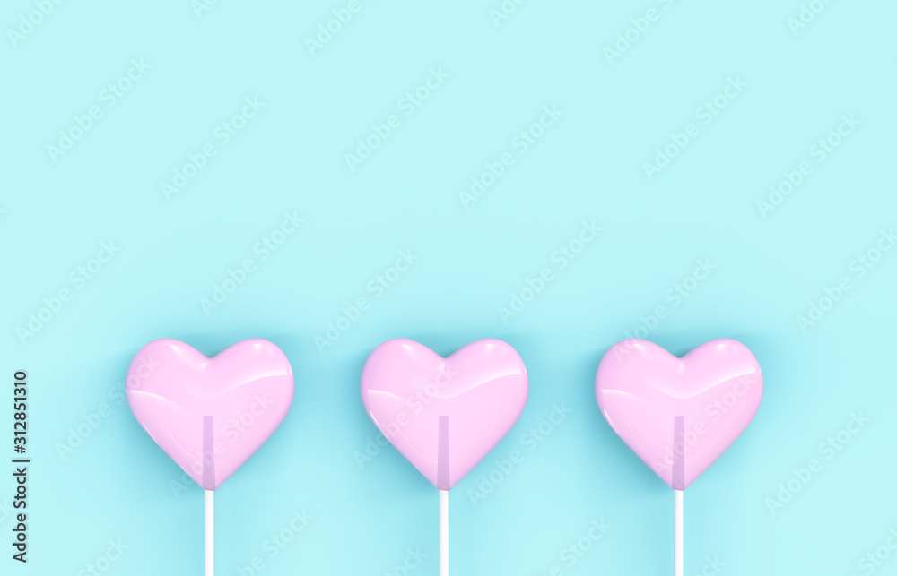 Sweet Valentine's day pink heart shape lollipop candy on isolated background. Love Concept. top view. Minimalism colorful hipster style. 3d render.