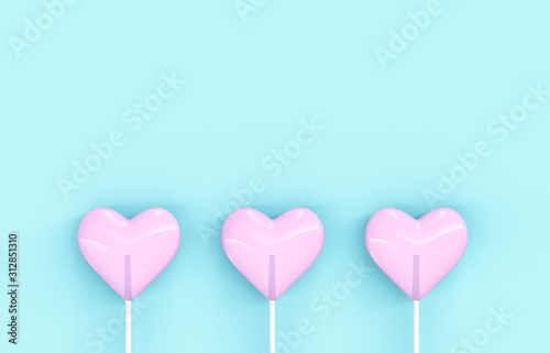 Sweet Valentine's day pink heart shape lollipop candy on isolated background. Love Concept. top view. Minimalism colorful hipster style. 3d render.