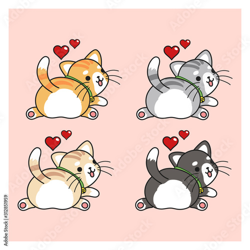 Set of variety cute kawaii cat. Cute cat turn back with lovely red heart.