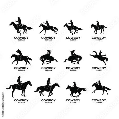 set of black Cowboy riding horse logo icon design vector