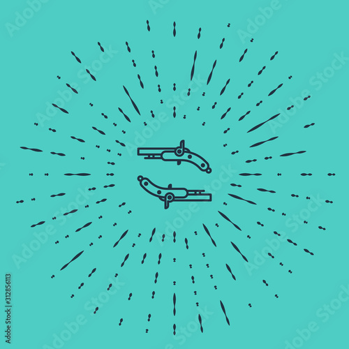Black line Vintage pistols icon isolated on green background. Ancient weapon. Abstract circle random dots. Vector Illustration