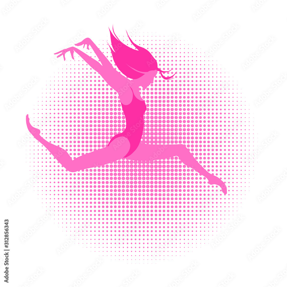 A girl in sportswear performs a dance, gymnastic jump. Silhouette isolated logo print. Dance sports studio. A girl in sportswear performs a dance, gymnastic jump. Silhouette isolated logo print. Dance sports studio.