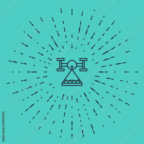 Black line Smart farm with drone control collects harvest icon isolated on green background. Innovation technology for agricultural company. Abstract circle random dots. Vector Illustration