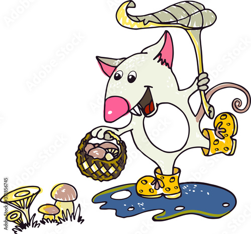 mouse symbol of the year in the autumn collects bends in a basket, jumping in rubber boots on a puddle of laughs and holds a leaf as an umbrella. Vector mouse with black stroke