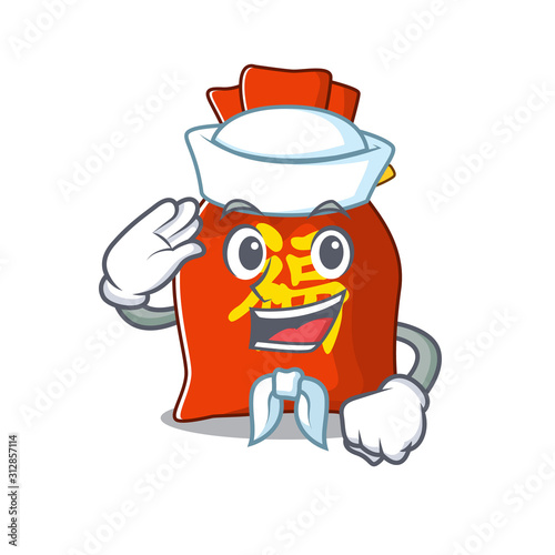 An icon of chinese money bag Scroll Sailor cartoon character wearing hat