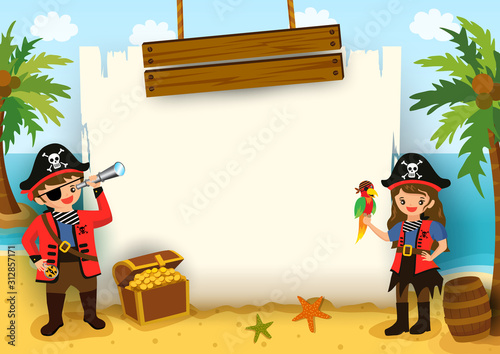 Pirate boy and girl with map frame on beach