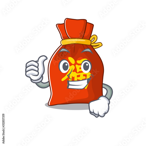 Smiley mascot of chinese money bag Scroll making Thumbs up gesture