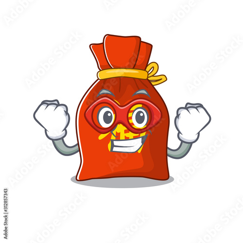 A picture of chinese money bag Scroll dressed as a Super hero