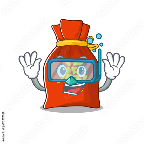 cartoon Mascot featuring chinese money bag Scroll wearing Diving glasses
