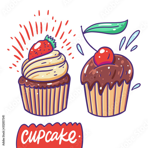 Cupcakes with cherry and strawberry. Hand drawn vector illustration. Flat cartoon style.