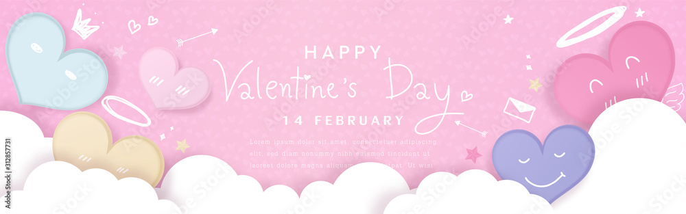 Valentines' day background. Cute pastel hearts decorated with clouds and elements for love, drawing style on pink background. Vector illustration.