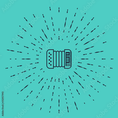 Black line Musical instrument accordion icon isolated on green background. Classical bayan, harmonic. Abstract circle random dots. Vector Illustration
