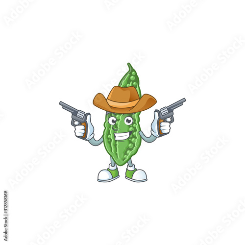 Smiling bitter melon mascot icon as a Cowboy holding guns