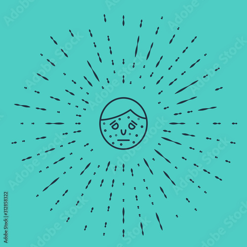 Black line Face with psoriasis or eczema icon isolated on green background. Concept of human skin response to allergen or chronic body problem. Abstract circle random dots. Vector Illustration