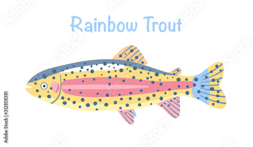 Hand drawn rainbow trout figure cartoon vector illustration on white background.