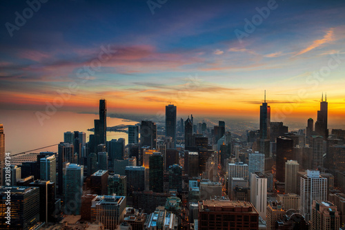 Aerial view of Chicago at sunset