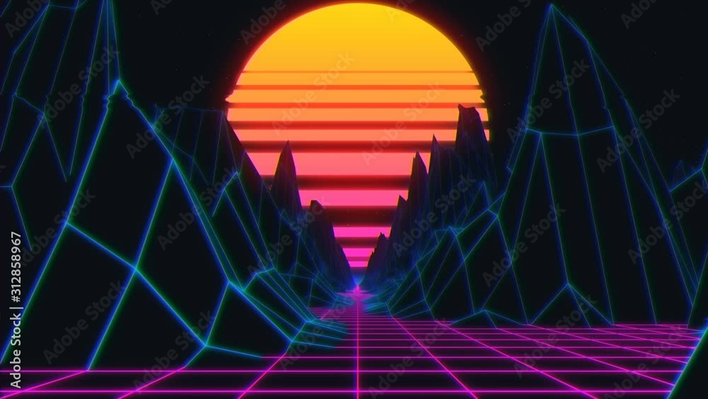 80s retro background loop animation. Retrowave horizon landscape with neon lights and low poly terrain.