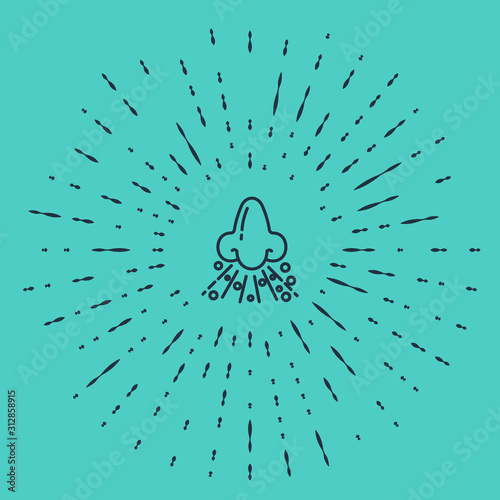 Black line Runny nose icon isolated on green background. Rhinitis symptoms, treatment. Nose and sneezing. Nasal diseases. Abstract circle random dots. Vector Illustration