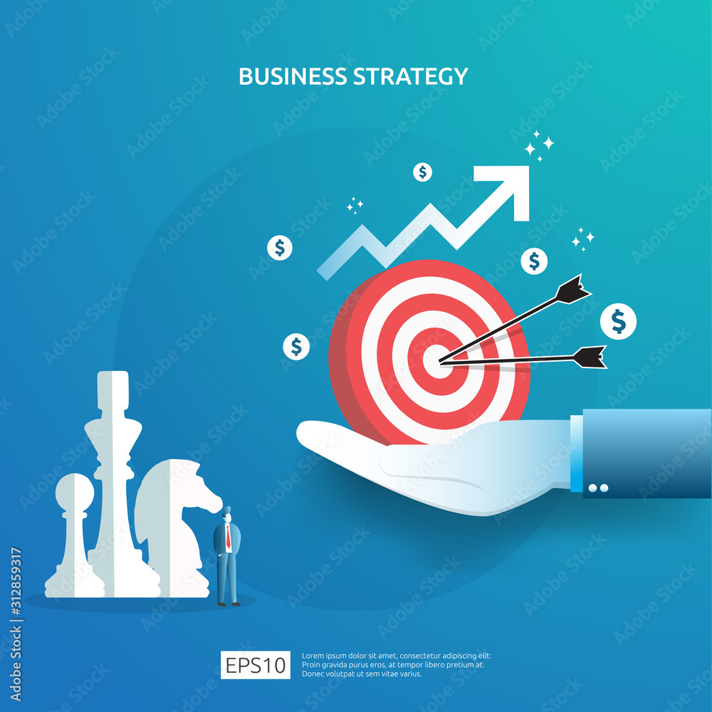 Business goal achievement, vision, and plan concept for planning and management finance. successful investment income profit strategy management with chess figure and dartboard target illustration Business goal achievement, vision, and plan concept for planning and management finance. successful investment income profit strategy management with chess figure and dartboard target illustration