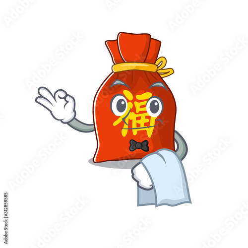 Cute chinese money bag Scroll Character stand as a Waiter look