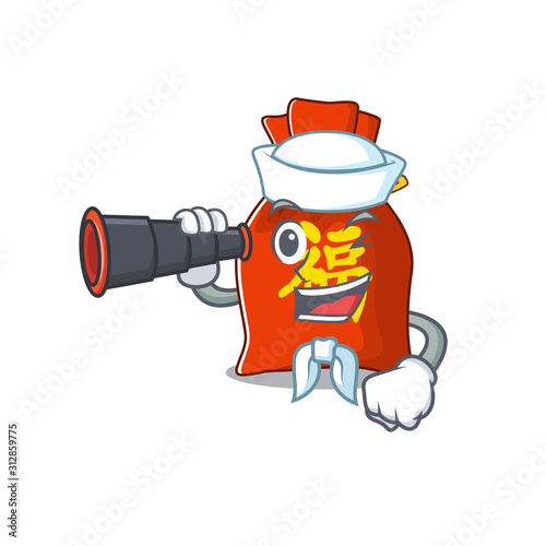 happy Sailor chinese money bag Scroll cartoon design with binocular