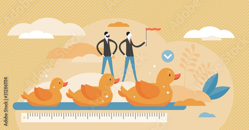 Get ducks in row visualization vector illustration in tiny persons concept.