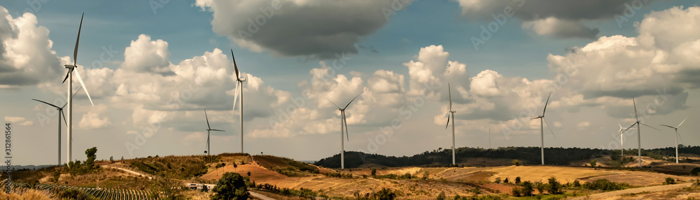 panorama wind turbine on hill. energy power in nature. eco concept - obrazy, fototapety, plakaty 