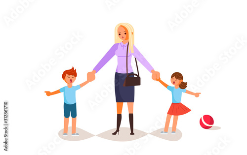 Tired woman with capricious children