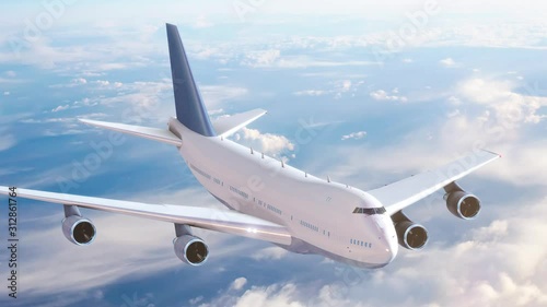 Airplane flying above clouds and beautiful blue sky in sunlight, travel trip with airplane, aerial view of flying aeroplane background.