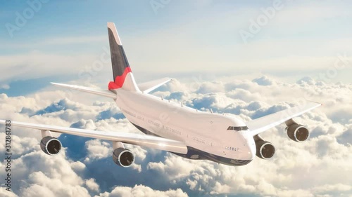 Airplane flying above clouds and beautiful blue sky in sunlight, travel trip with airplane, aerial view of flying aeroplane background. photo
