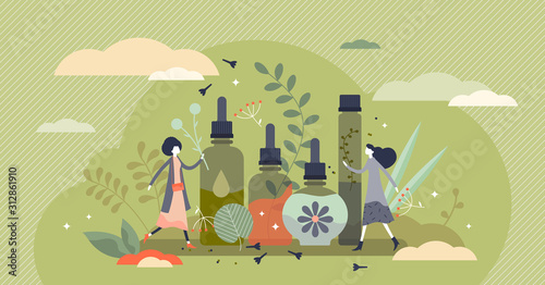 Essential oils vector illustration. Beauty cosmetics in tiny person concept