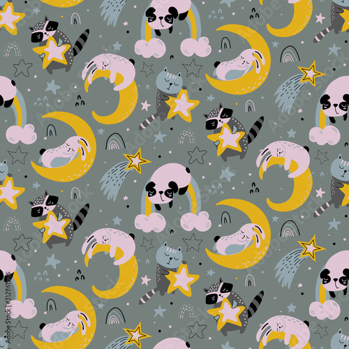 Vector seamless pattern with cute animals fliyng and sleeping on moon and rainbow.