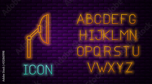 Glowing neon line Windscreen wiper icon isolated on brick wall background. Neon light alphabet. Vector Illustration
