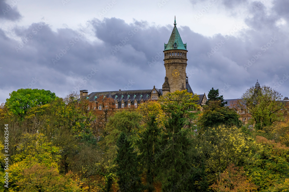 View of BCEE or Luxemburgish Spuerkeess Clock Tower in the UNESCO World Heritage Site of Luxembourg old town View of BCEE or Luxemburgish Spuerkeess Clock Tower in the UNESCO World Heritage Site of Luxembourg old town