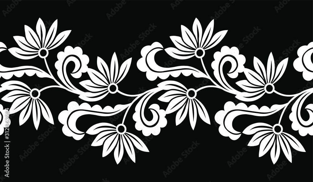 Seamless black and white floral border Stock Vector | Adobe Stock