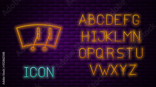 Glowing neon line Windscreen wiper icon isolated on brick wall background. Neon light alphabet. Vector Illustration