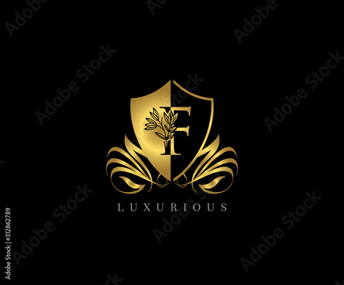 Golden F Letter Luxury Shield Logo Icon 