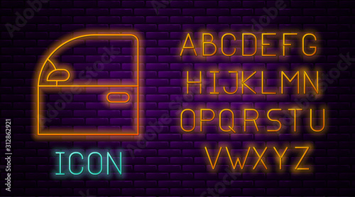 Glowing neon line Car door icon isolated on brick wall background. Neon light alphabet. Vector Illustration