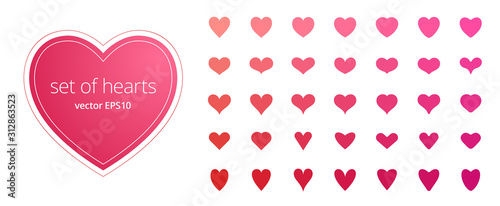 Vector set of hearts. Abstract symbols of love, passion, health. Different icons with narrow, pointed, wide, rounded and curved shapes. Various tints of pink and red. Flat stickers for Valentine's Day