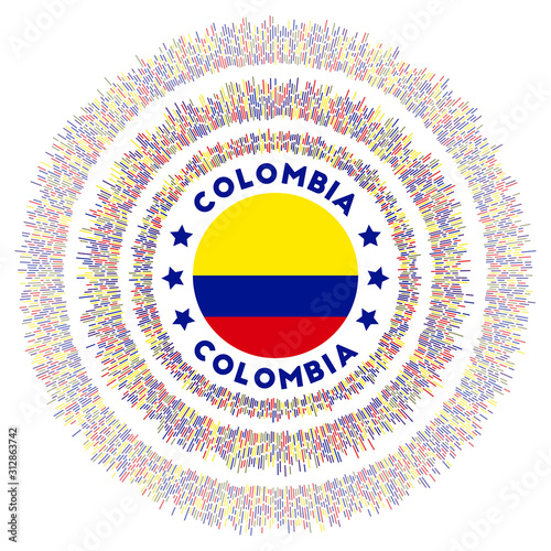 Colombia symbol. Radiant country flag with colorful rays. Shiny sunburst with Colombia flag. Artistic vector illustration.
