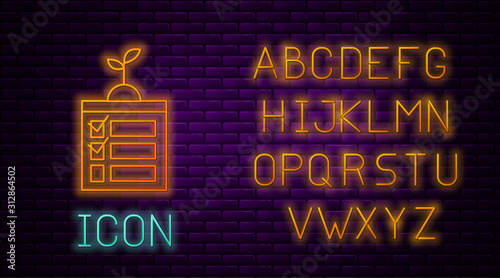 Glowing neon line Smart farming technology - timer farm automation system in app icon isolated on brick wall background. Neon light alphabet. Vector Illustration