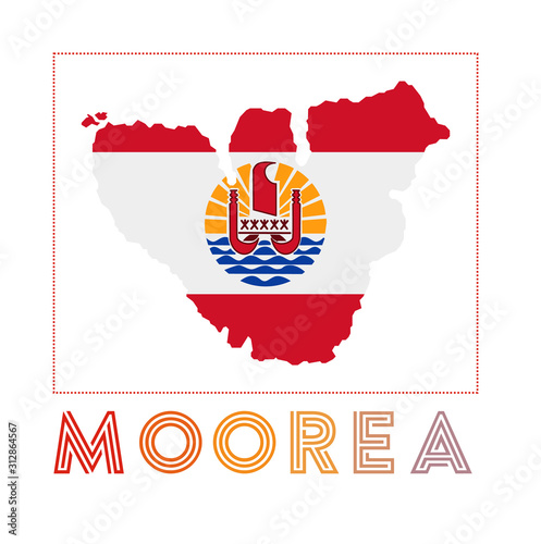 Moorea Logo. Map of Moorea with island name and flag. Awesome vector illustration.