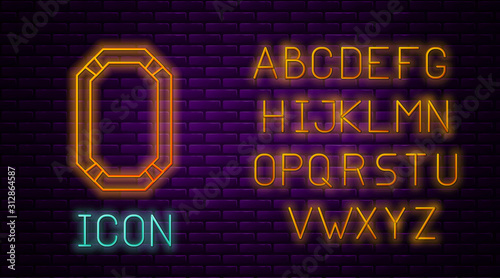 Glowing neon line Poker table icon isolated on brick wall background. Neon light alphabet. Vector Illustration