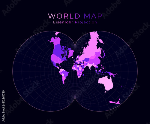 World Map. Eisenlohr conformal projection. Digital world illustration. Bright pink neon colors on dark background. Beautiful vector illustration.