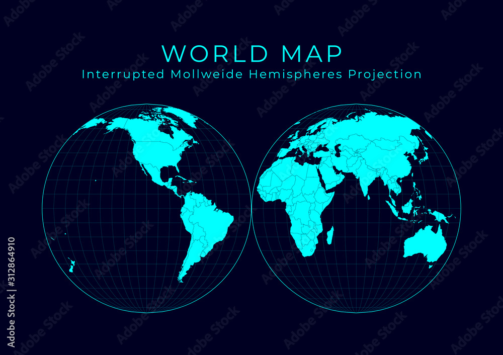 Map of The World. Mollweide projection interrupted into two equal-area hemispheres. Futuristic Infographic world illustration. Bright cyan colors on dark background. Cool vector illustration. Map of The World. Mollweide projection interrupted into two equal-area hemispheres. Futuristic Infographic world illustration. Bright cyan colors on dark background. Cool vector illustration.