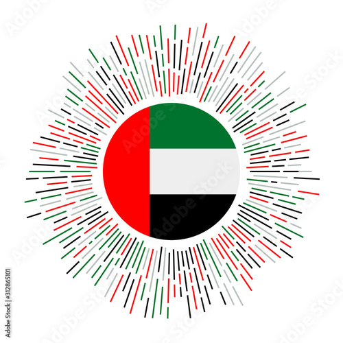 UAE sign. Country flag with colorful rays. Radiant sunburst with UAE flag. Vector illustration.