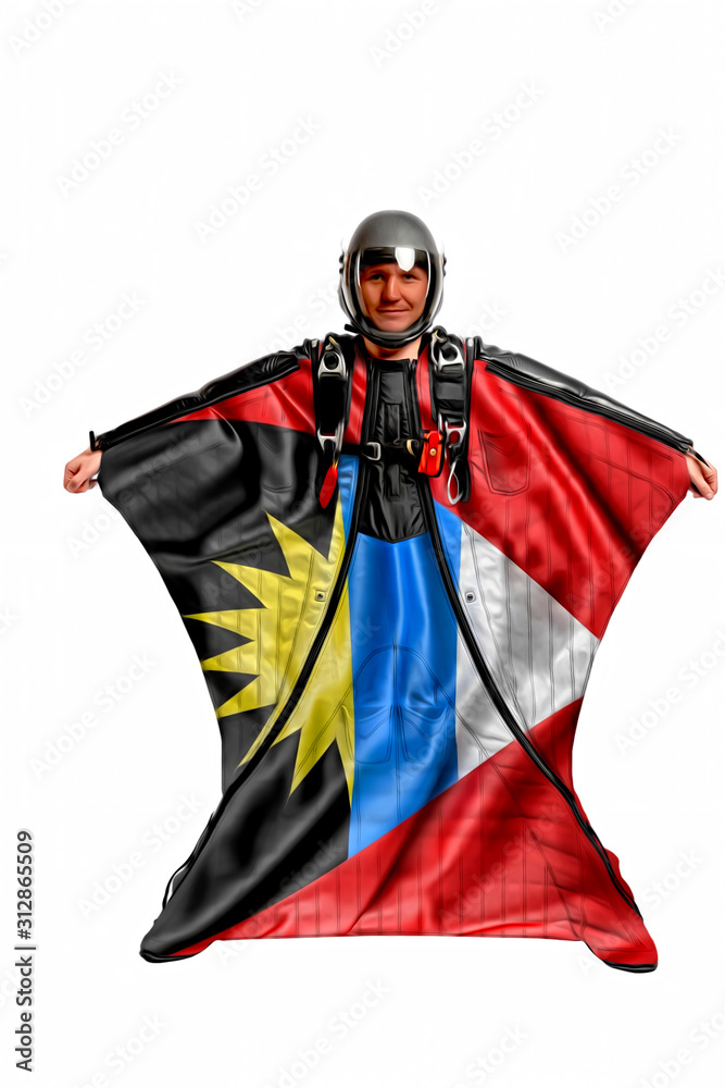 Antigua and Barbuda trip. Wing men. Extreme men is flying in open air with flag of Antigua and Barbuda. Skydiver is in free fall. 